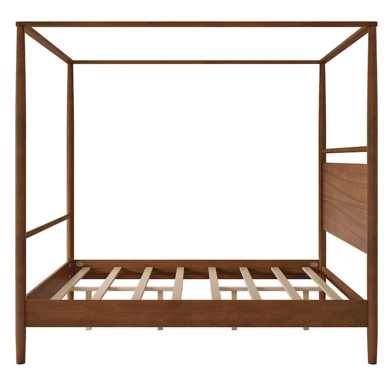 Walnut Wooden Canopy Bed Frame Panel Wingback Bed Four Posters Bed with Complete Roller Track on The Top No Box Spring Needed