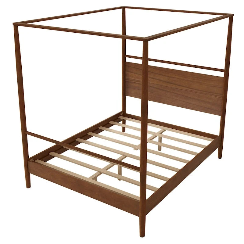 Walnut Wooden Canopy Bed Frame Panel Wingback Bed Four Posters Bed with Complete Roller Track on The Top No Box Spring Needed