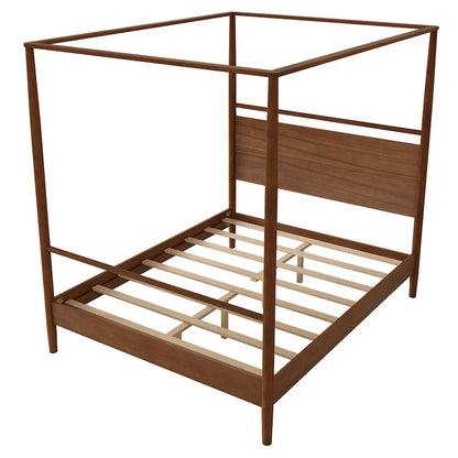 Walnut Wooden Canopy Bed Frame Panel Wingback Bed Four Posters Bed with Complete Roller Track on The Top No Box Spring Needed