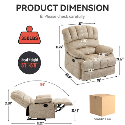 Oversized Manual Recliner Upholstered Fabric Lounge Chair Adjustable Living Room Single Sofa with Side Lever Control