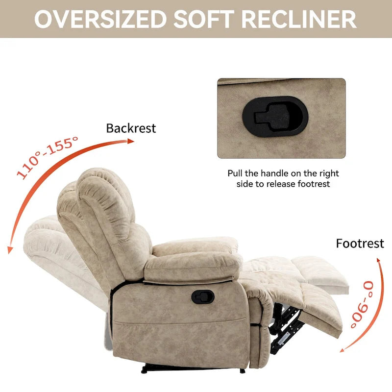 Oversized Manual Recliner Upholstered Fabric Lounge Chair Adjustable Living Room Single Sofa with Side Lever Control