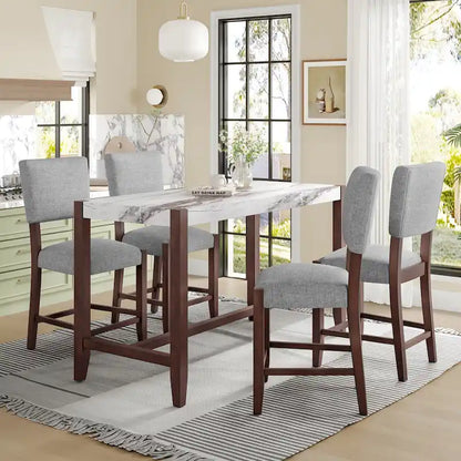5-Piece Counter Height Dining Table Set, Faux Marble Bar Table and 4 Upholstered-Seat Chairs