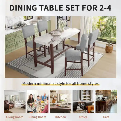5-Piece Counter Height Dining Table Set, Faux Marble Bar Table and 4 Upholstered-Seat Chairs