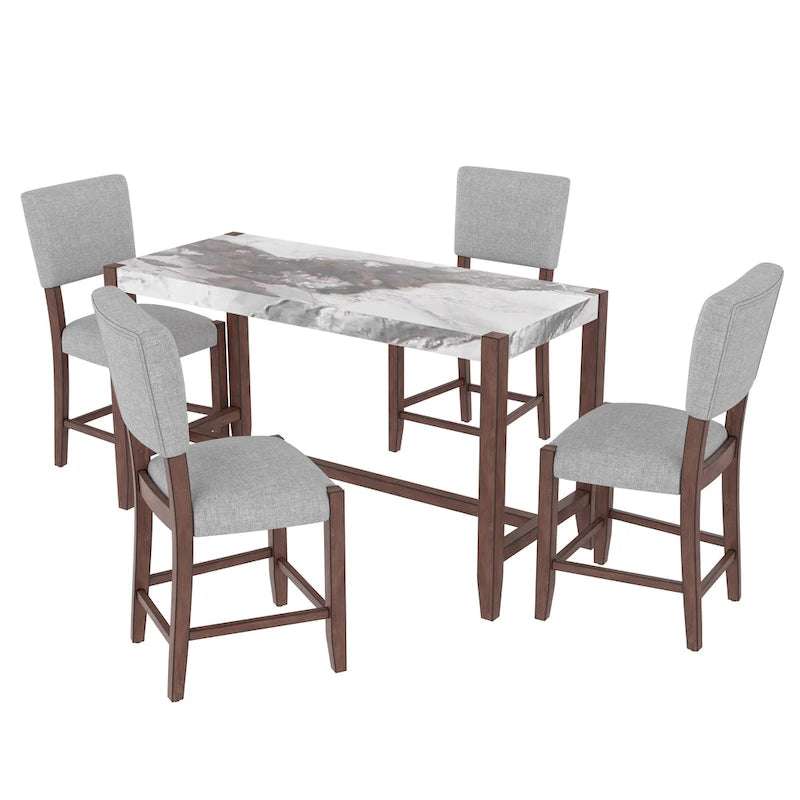 5-Piece Counter Height Dining Table Set, Faux Marble Bar Table and 4 Upholstered-Seat Chairs