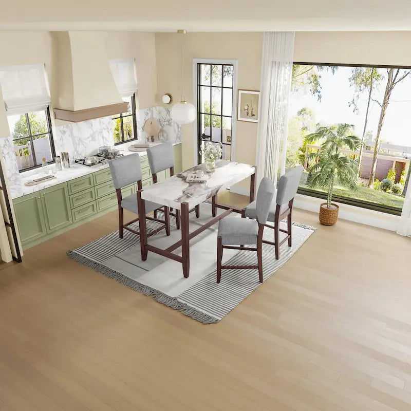 5-Piece Counter Height Dining Table Set, Faux Marble Bar Table and 4 Upholstered-Seat Chairs