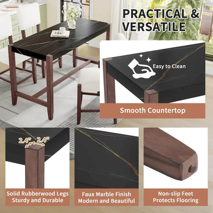 5-Piece Counter Height Dining Table Set, Faux Marble Bar Table and 4 Upholstered-Seat Chairs