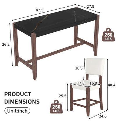 5-Piece Counter Height Dining Table Set, Faux Marble Bar Table and 4 Upholstered-Seat Chairs