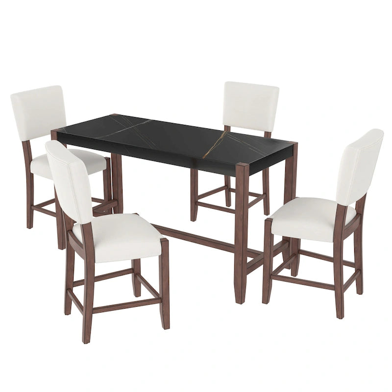 5-Piece Counter Height Dining Table Set, Faux Marble Bar Table and 4 Upholstered-Seat Chairs