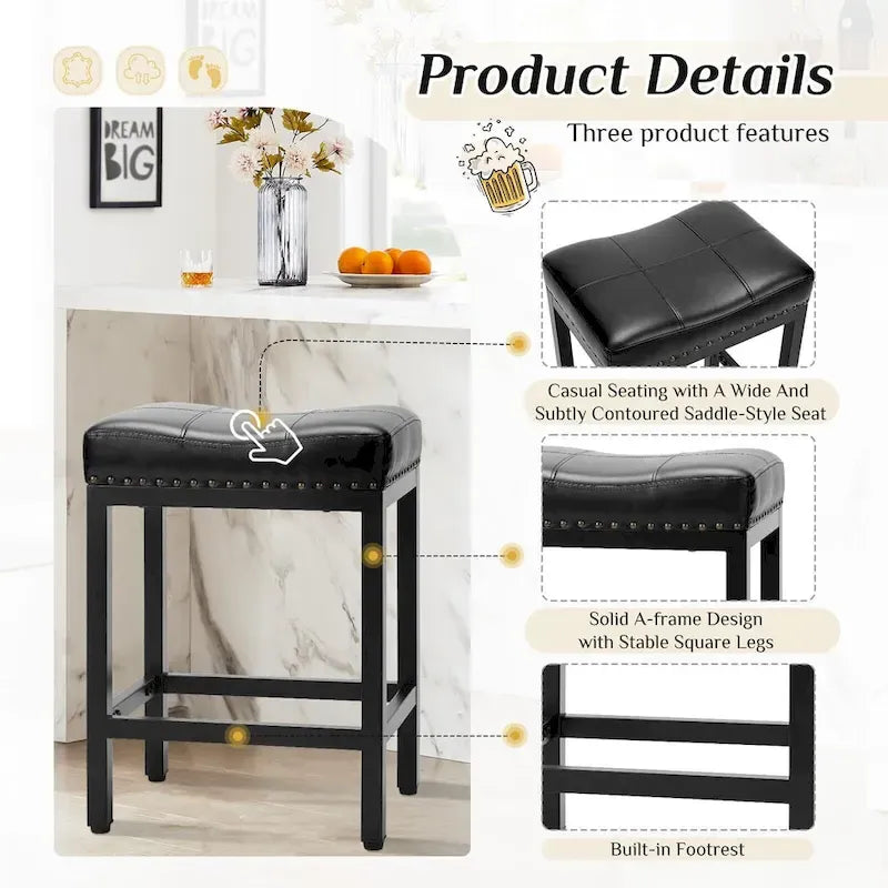 24 in. H Upholated PU Leather Thick Saddle Seat Counter Bar Stools Set of 2, Kitchen Chairs with Metal Base