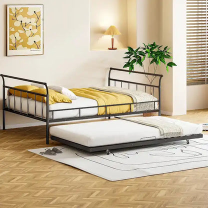 Metal Daybed with Curved Handle Design and Twin Size Trundle for Bedroom