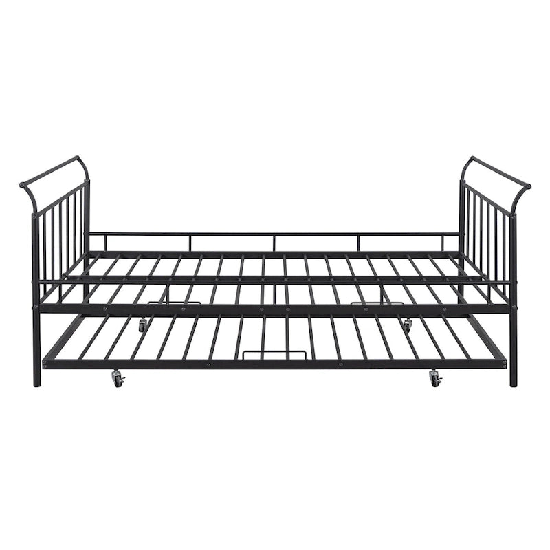 Metal Daybed with Curved Handle Design and Twin Size Trundle for Bedroom