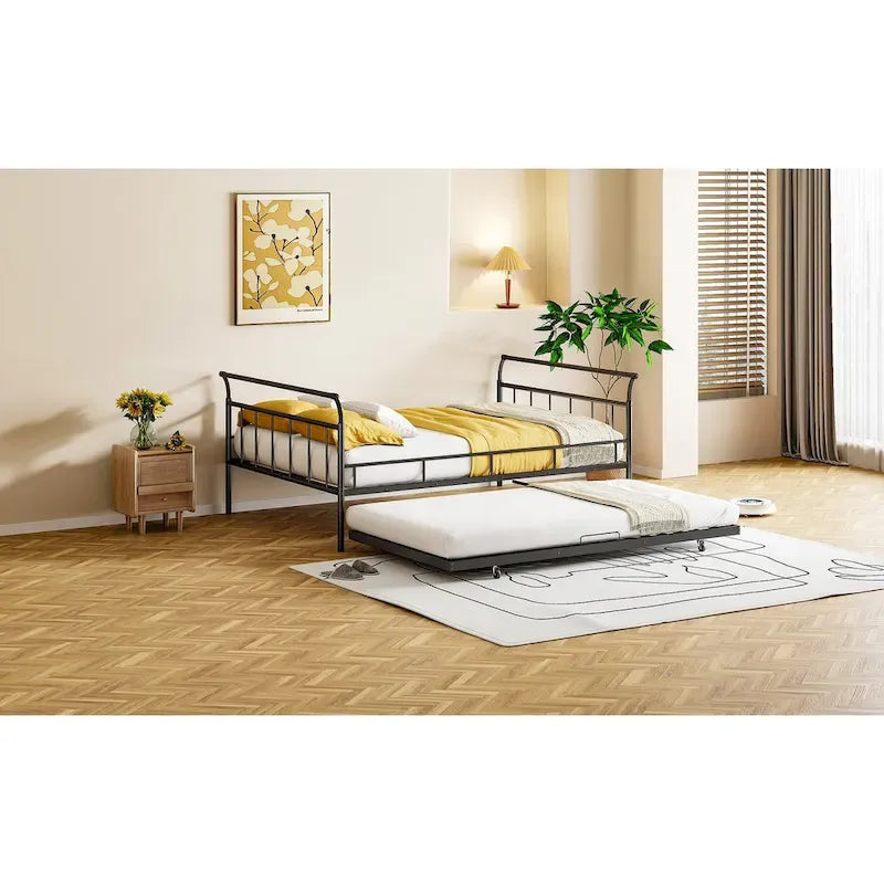 Metal Daybed with Curved Handle Design and Twin Size Trundle for Bedroom