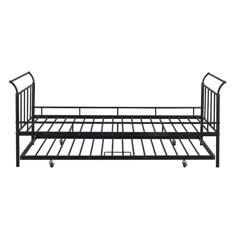Metal Daybed with Curved Handle Design and Twin Size Trundle for Bedroom