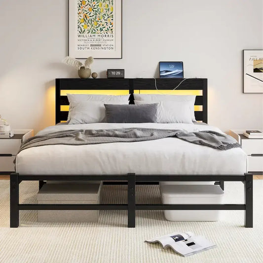 Black Queen Size Modern Metal Bed with Wooden Headboard, RGB Lights