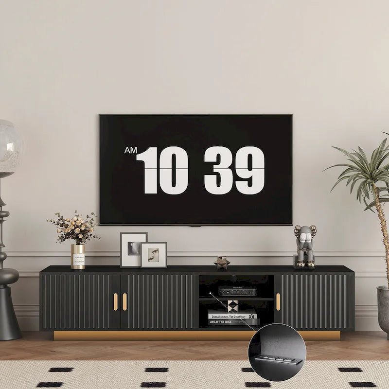 Black 65 Mid-Century TV Stand with LED Lights & Storage for TVs Up to 60