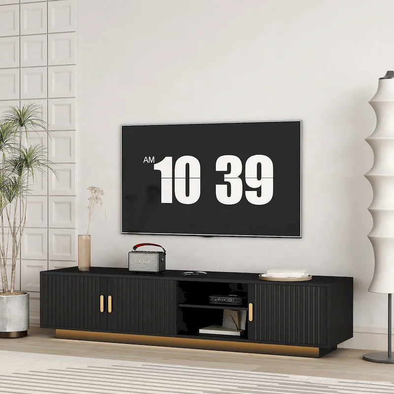 Black 65 Mid-Century TV Stand with LED Lights & Storage for TVs Up to 60