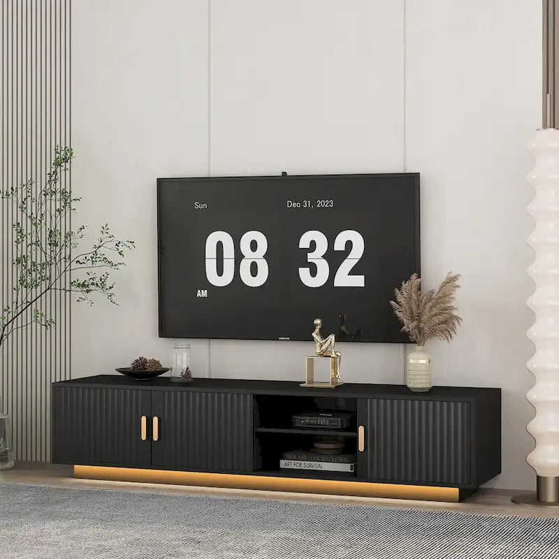 Black 65 Mid-Century TV Stand with LED Lights & Storage for TVs Up to 60