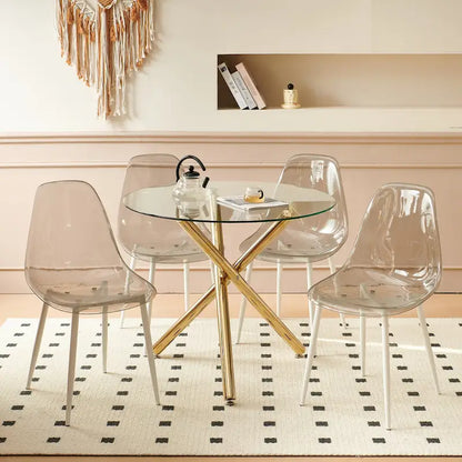 Modern 5-Piece Dining Set with Round Glass Metal Pedestal Table & 4 Transparent Chairs