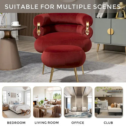 Wine Red Modern 29.13 Upholstered Barrel Chair with Ottoman and Sturdy Metal Frame