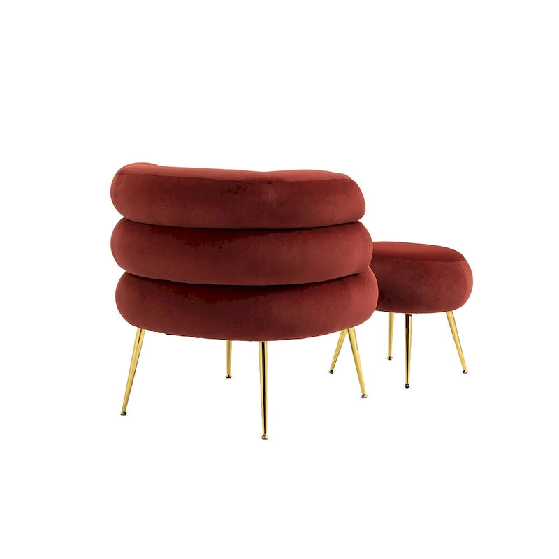 Wine Red Modern 29.13 Upholstered Barrel Chair with Ottoman and Sturdy Metal Frame