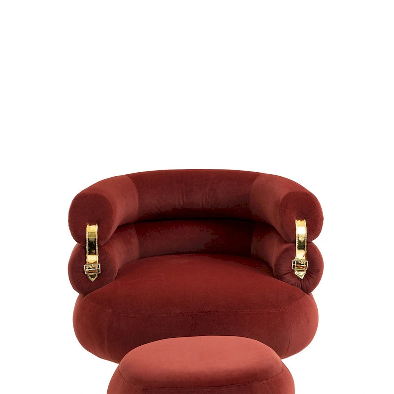 Wine Red Modern 29.13 Upholstered Barrel Chair with Ottoman and Sturdy Metal Frame