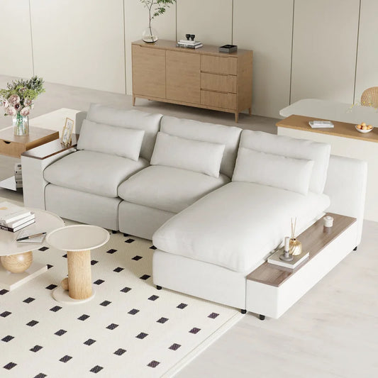 Beige 109.8 L-Shaped 3-Seat Sofa with Storage Compartments