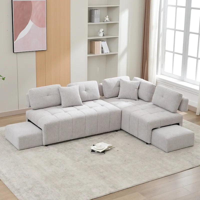 91.73 L-Shaped 4 Seater Sectional Sofa with 2 Hidden Stools, 2 Removable Lumbar Pillows, and Durable Chenille Upholstery