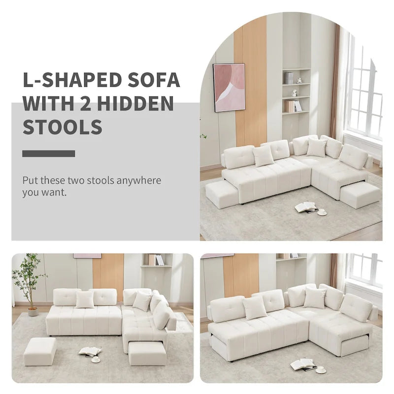 91.73 L-Shaped 4 Seater Sectional Sofa with 2 Hidden Stools, 2 Removable Lumbar Pillows, and Durable Chenille Upholstery
