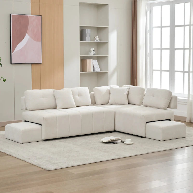 91.73 L-Shaped 4 Seater Sectional Sofa with 2 Hidden Stools, 2 Removable Lumbar Pillows, and Durable Chenille Upholstery