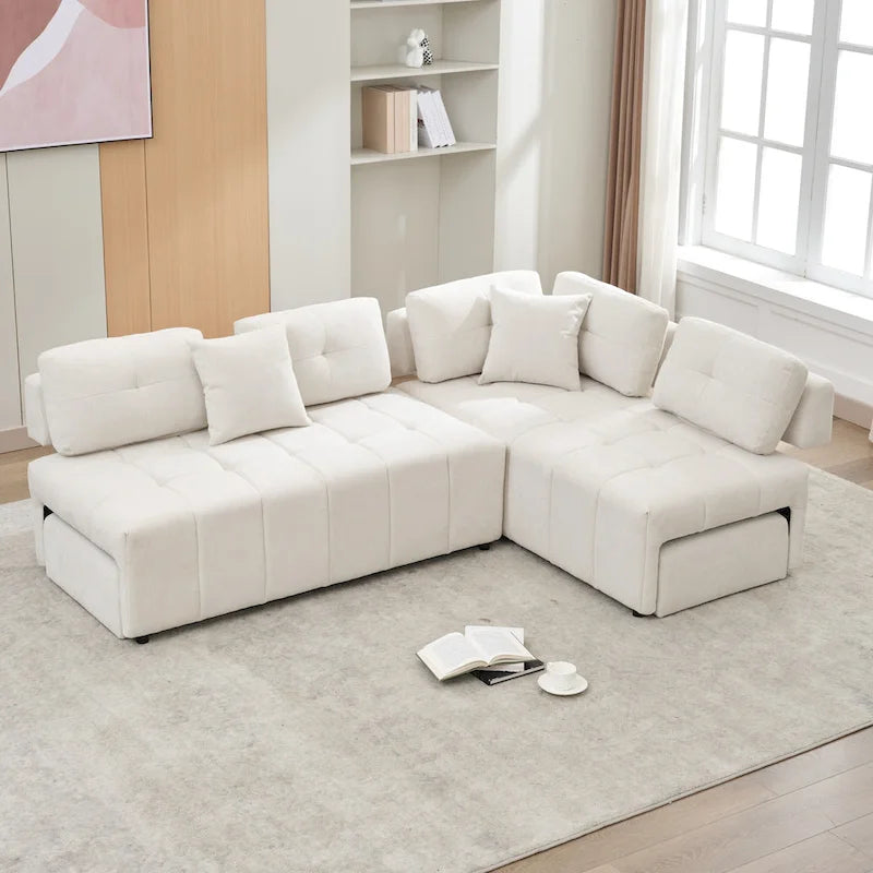 91.73 L-Shaped 4 Seater Sectional Sofa with 2 Hidden Stools, 2 Removable Lumbar Pillows, and Durable Chenille Upholstery