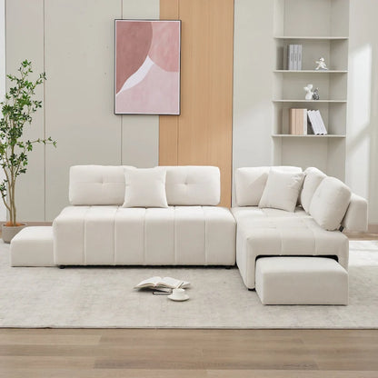 91.73 L-Shaped 4 Seater Sectional Sofa with 2 Hidden Stools, 2 Removable Lumbar Pillows, and Durable Chenille Upholstery