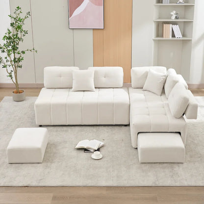 91.73 L-Shaped 4 Seater Sectional Sofa with 2 Hidden Stools, 2 Removable Lumbar Pillows, and Durable Chenille Upholstery