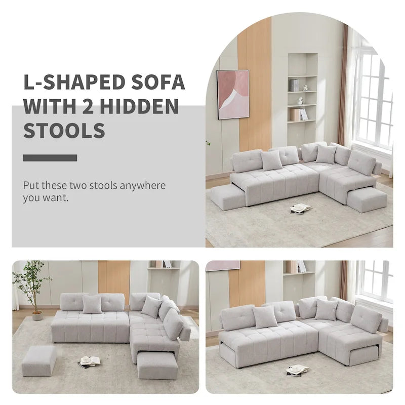 91.73 L-Shaped 4 Seater Sectional Sofa with 2 Hidden Stools, 2 Removable Lumbar Pillows, and Durable Chenille Upholstery