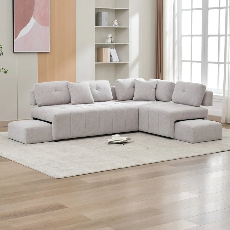 91.73 L-Shaped 4 Seater Sectional Sofa with 2 Hidden Stools, 2 Removable Lumbar Pillows, and Durable Chenille Upholstery
