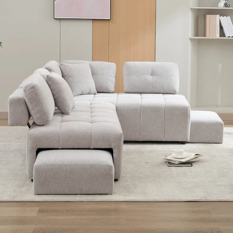 91.73 L-Shaped 4 Seater Sectional Sofa with 2 Hidden Stools, 2 Removable Lumbar Pillows, and Durable Chenille Upholstery