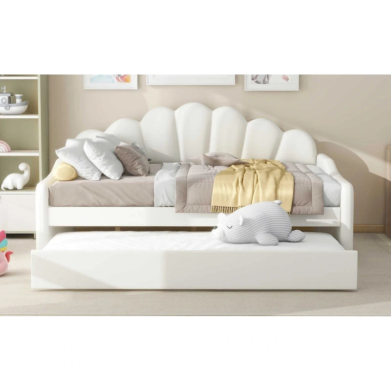 White Full Upholstery Daybed with Shell Shaped Backrest and Trundle