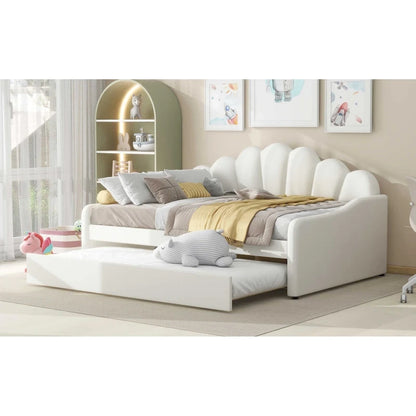 White Full Upholstery Daybed with Shell Shaped Backrest and Trundle