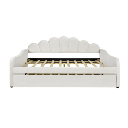 White Full Upholstery Daybed with Shell Shaped Backrest and Trundle