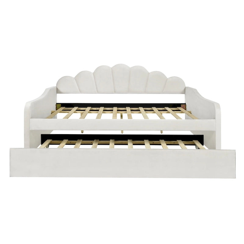 White Full Upholstery Daybed with Shell Shaped Backrest and Trundle