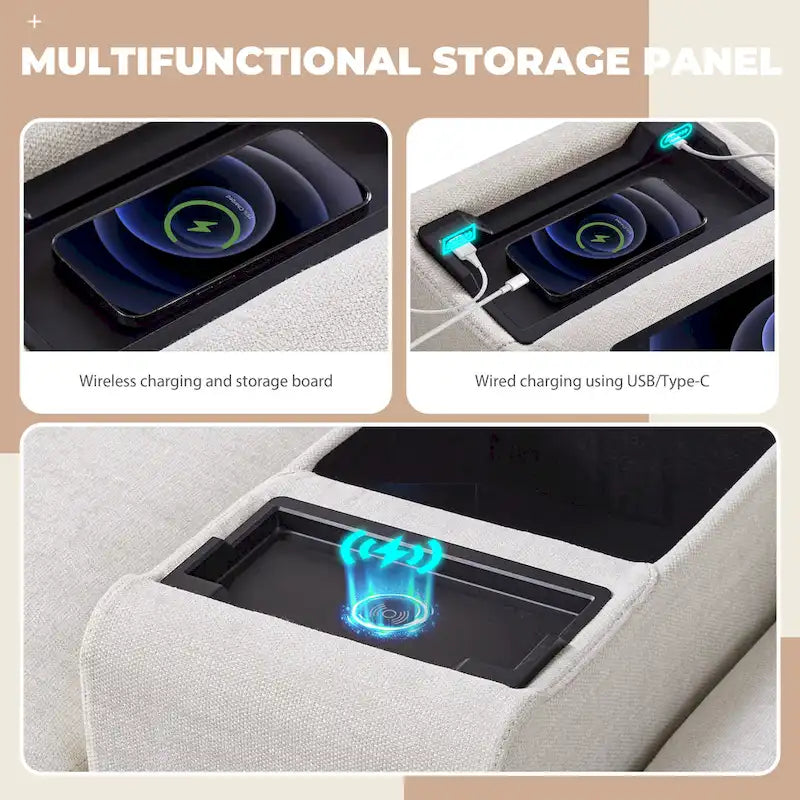 124 Chenille 4-Seater L-Shaped Sofa with Storage Console, USB