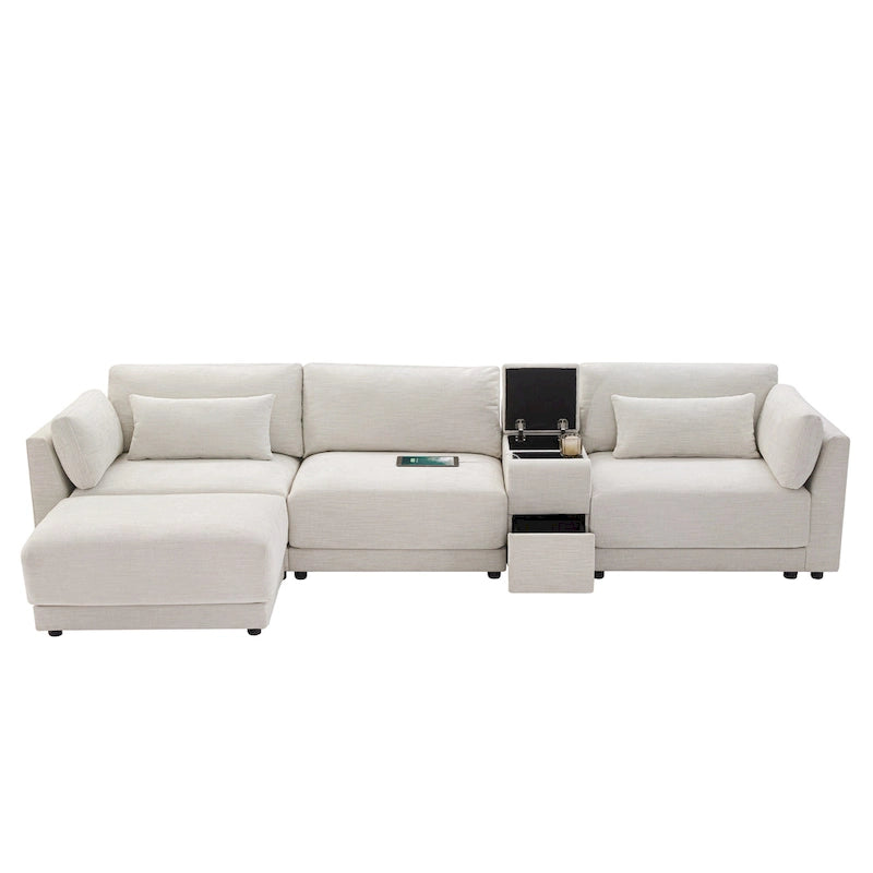 124 Chenille 4-Seater L-Shaped Sofa with Storage Console, USB