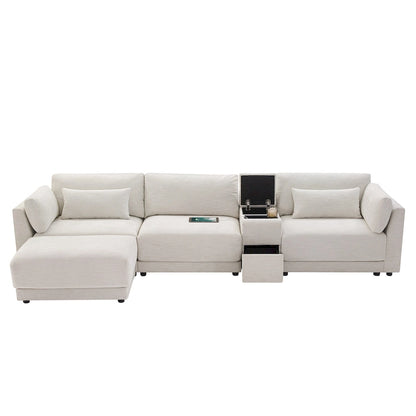124 Chenille 4-Seater L-Shaped Sofa with Storage Console, USB