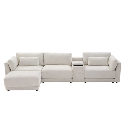 124 Chenille 4-Seater L-Shaped Sofa with Storage Console, USB