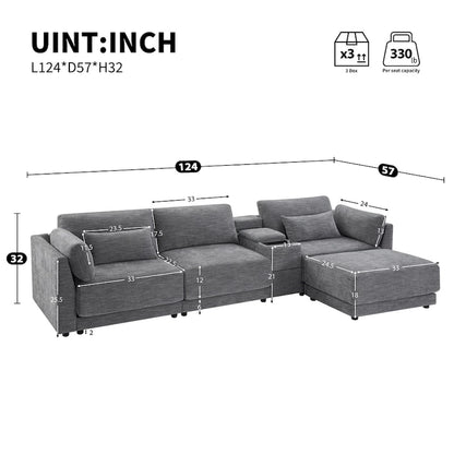 124 Chenille 4-Seater L-Shaped Sofa with Storage Console, USB