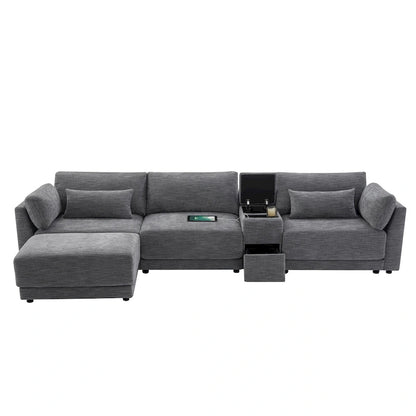 124 Chenille 4-Seater L-Shaped Sofa with Storage Console, USB