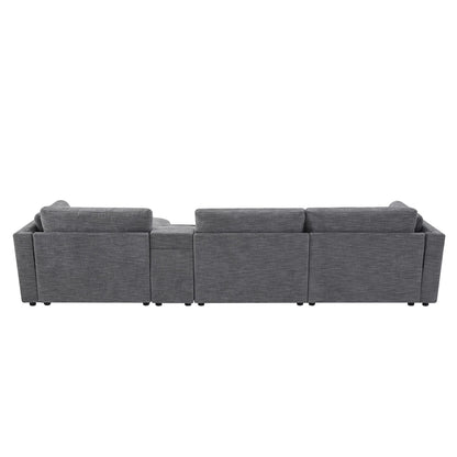 124 Chenille 4-Seater L-Shaped Sofa with Storage Console, USB