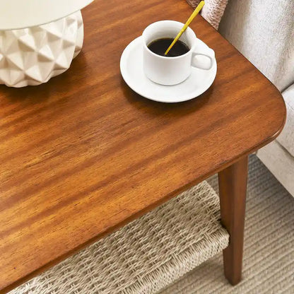 Mid-Century Square Side Table with Woven Shelf Walnut