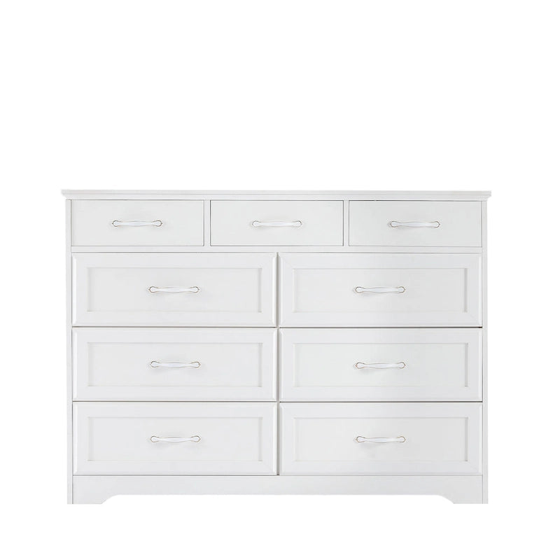 Long Wood 9-Drawer Dresser with Antique Handles