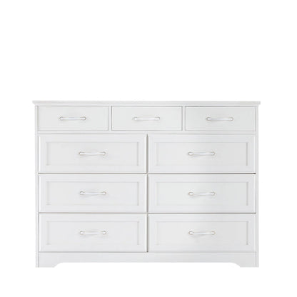 Long Wood 9-Drawer Dresser with Antique Handles