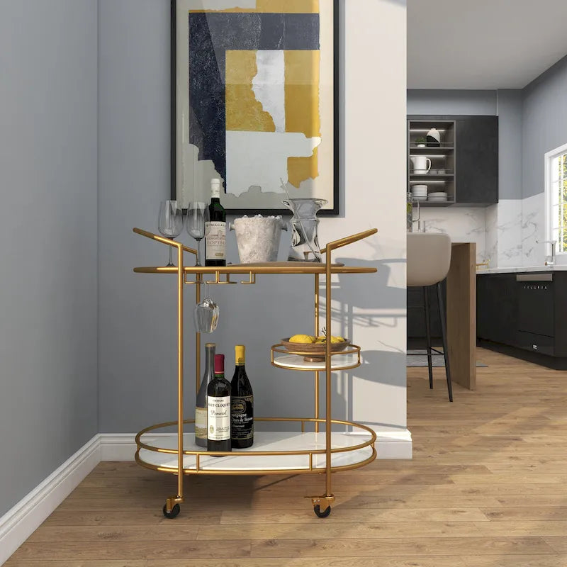 Contemporary Modern Iron 3 Tier Drink Bar Storage Cart - Gold, Silver, or Matte Black